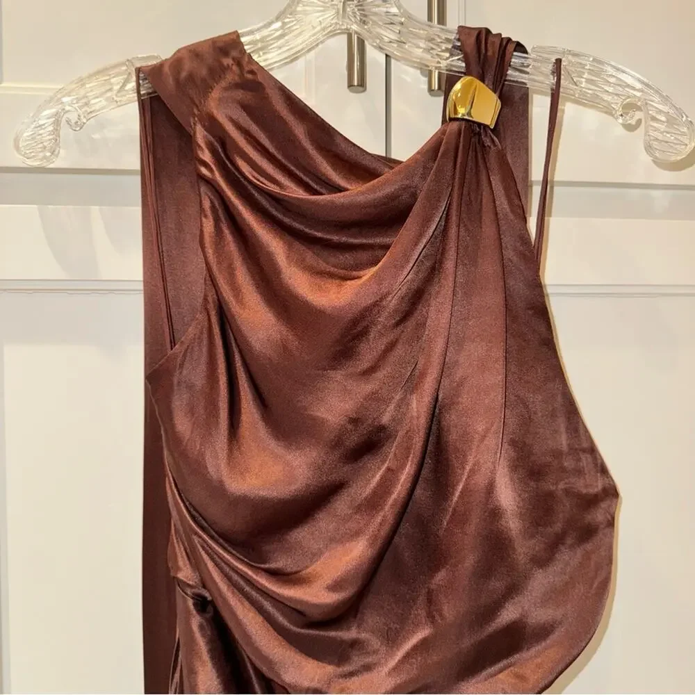 NICHOLAS Galilea High Neck Gold Trim Maxi Dress Espresso 6 - Picture 9 of 16